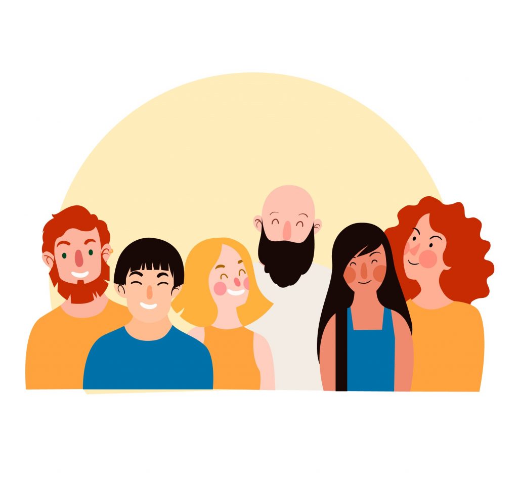 Ryhmä piirrettyjä ihmisiä hymyilee.