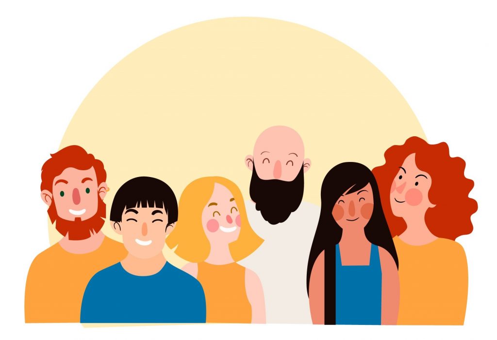 Ryhmä piirrettyjä ihmisiä hymyilee keltaisen taustan edessä